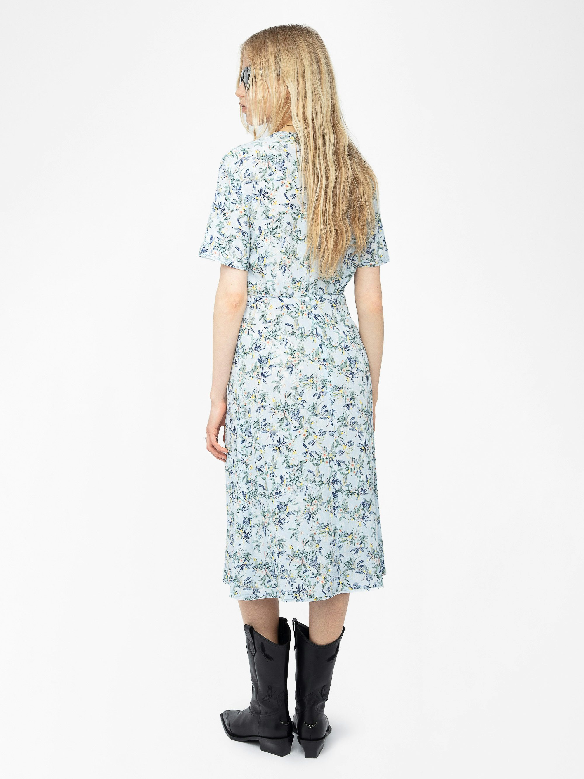 Rhodral Dress - Mid-length printed viscose dress with short sleeves and buttoned neckline.